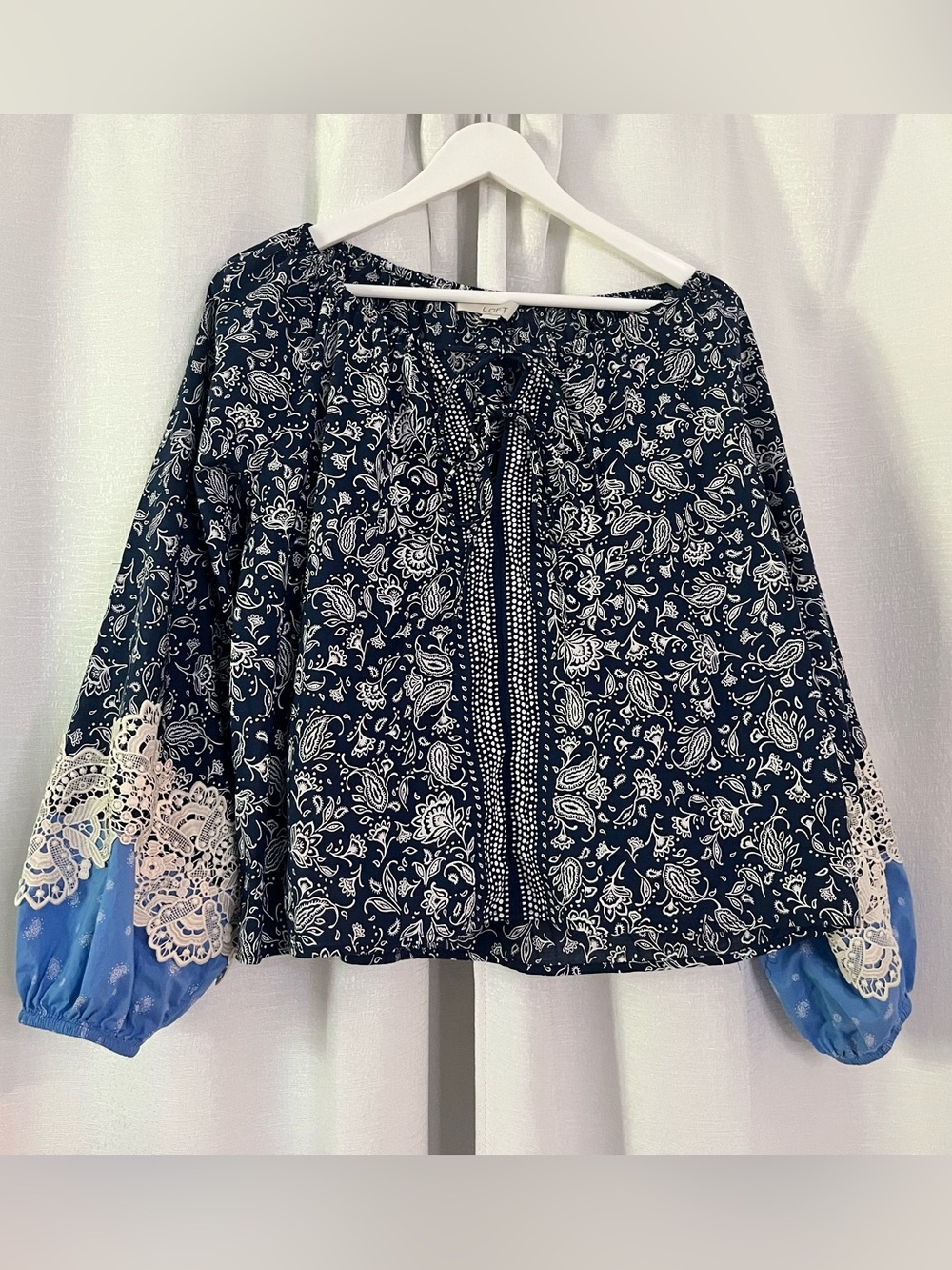 LOFT Navy Paisley Peasant Top with Blue Lace-Trim Sleeves